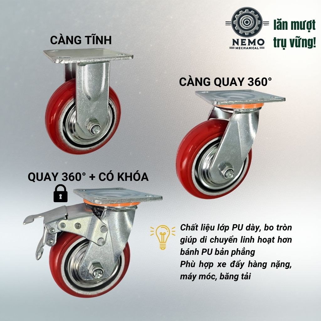 Bánh Xe PU Bo Tròn Tải Nặng – Kiểu Hàn Quốc, Xoay Hướng Linh Hoạt (D100 - D200)